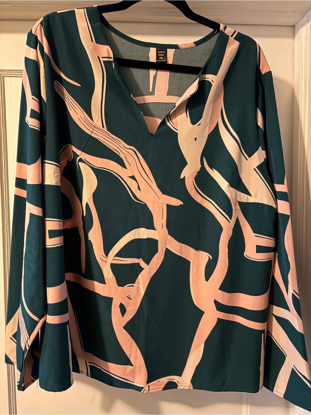 SHEIN Teal and Blush Abstract V-Neck Long Sleeve Blouse